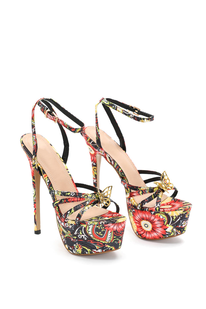 Gaki Flower Printed Metallic Butterfly Platform Stiletto