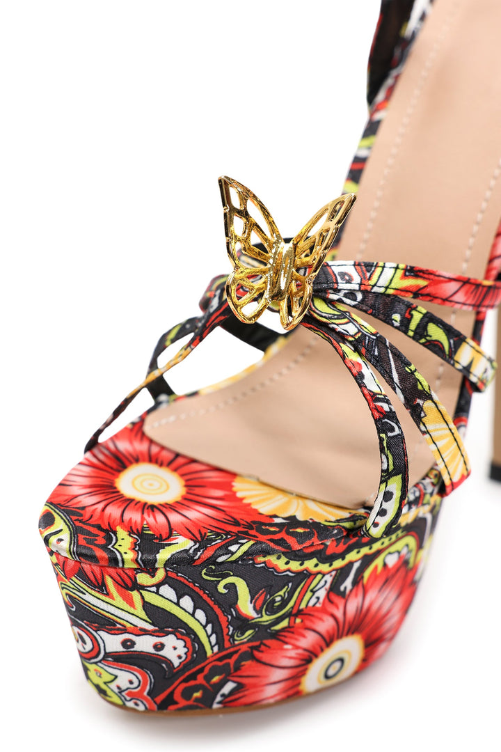 Gaki Flower Printed Metallic Butterfly Platform Stiletto