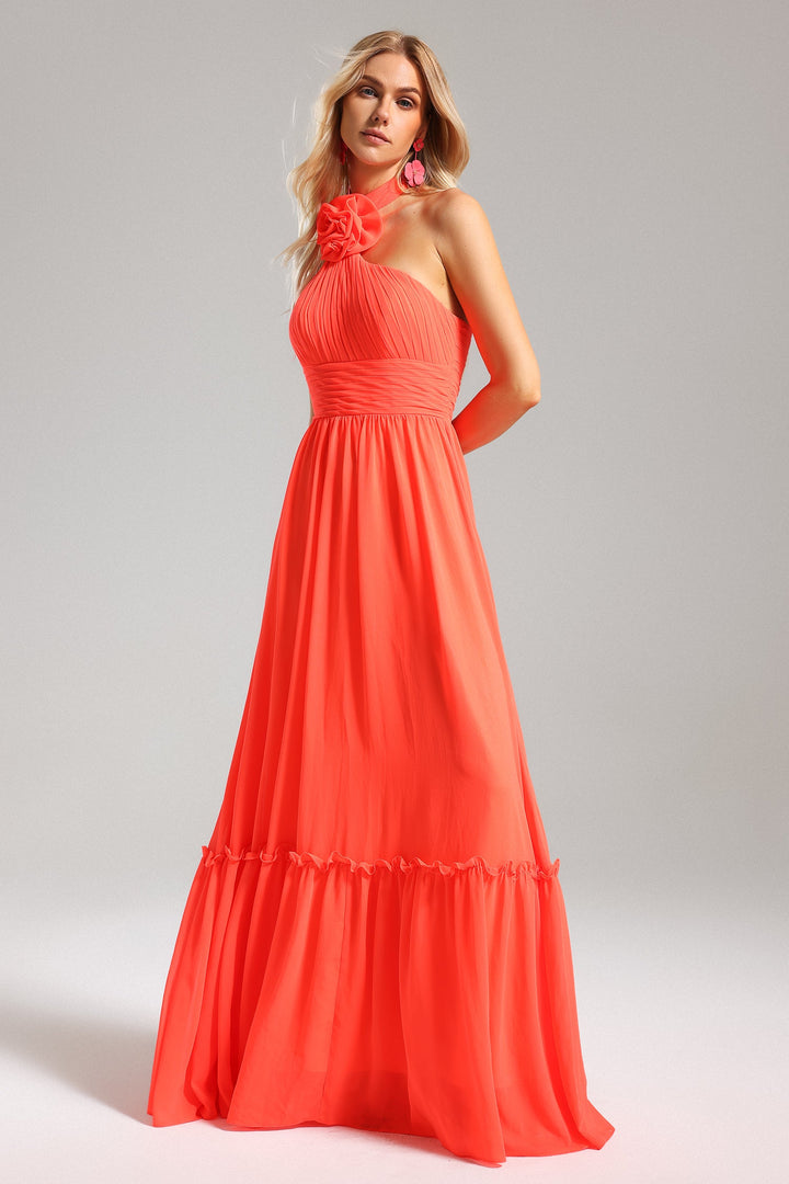 Clea Halterneck Pleat Flower Maxi Dress