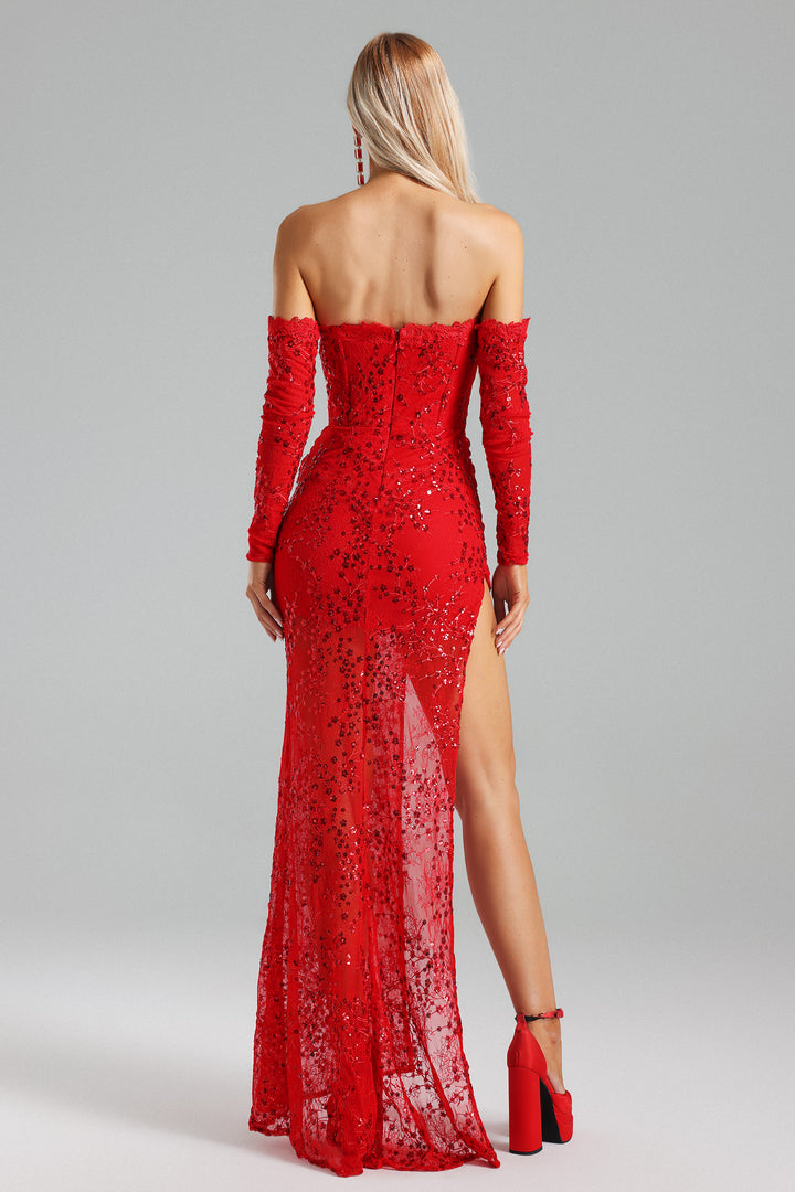 Victoria Sequins High Slit Maxi Dress - Red