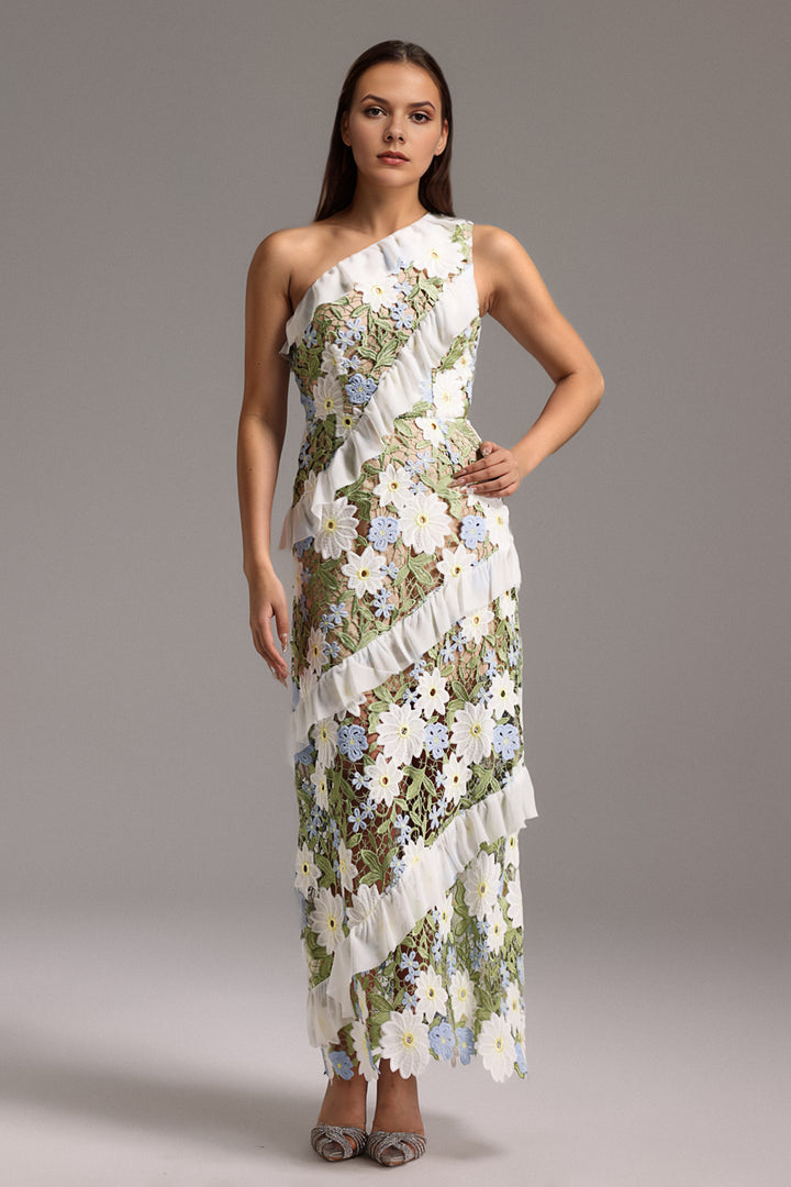 Yauia One Shoulder Flounce Flowers Maxi Dress