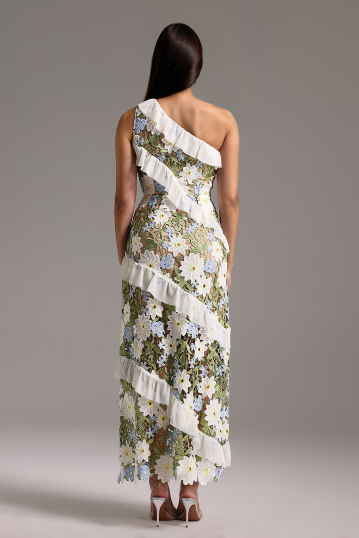 Yauia One Shoulder Flounce Flowers Maxi Dress