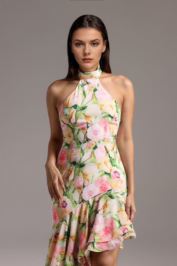 Wenrey Sleeveless Halter Flounce Midi Dress