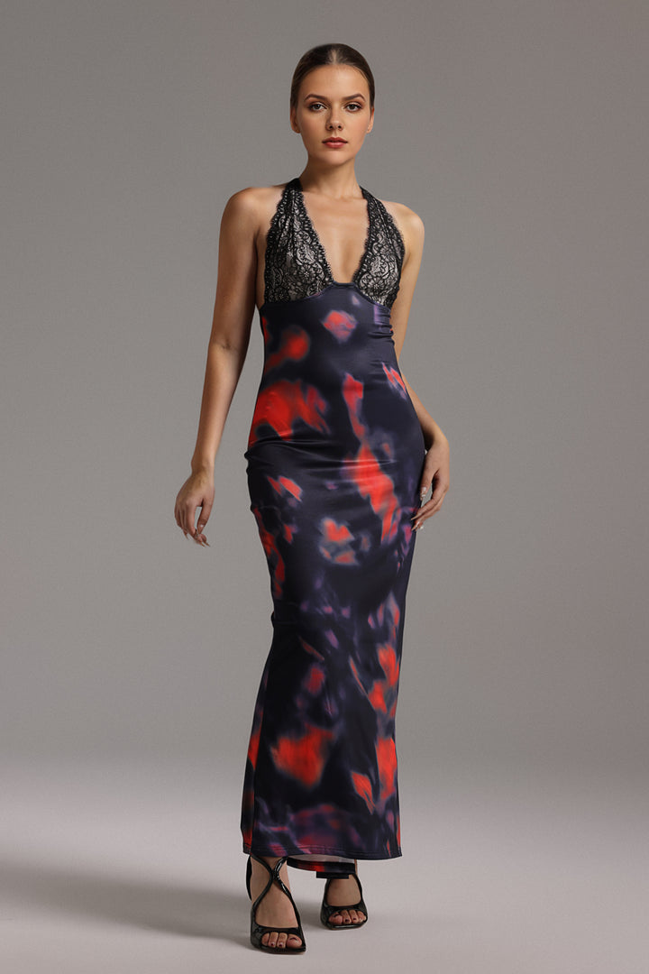 Lotus Sleeveless V-Neck Lace Printing Maxi Dress