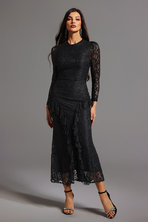 Dazie Long Sleeve Lace Flounce Slit Maxi Dress