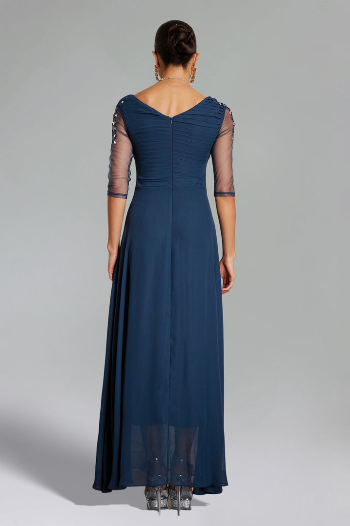 Blanche Diamante Pleated Mesh Satin Maxi Dress - Navy