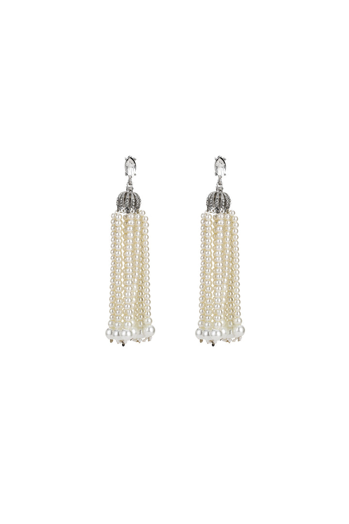 Silver Pearl Tassel Crown Earrings