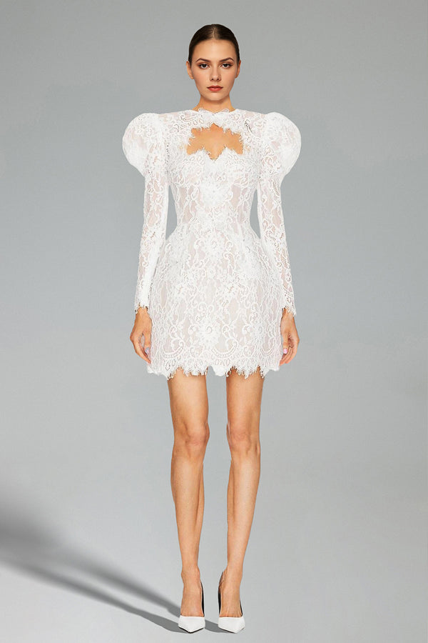 Hooded Puff Sleeve Lace Mini Dress