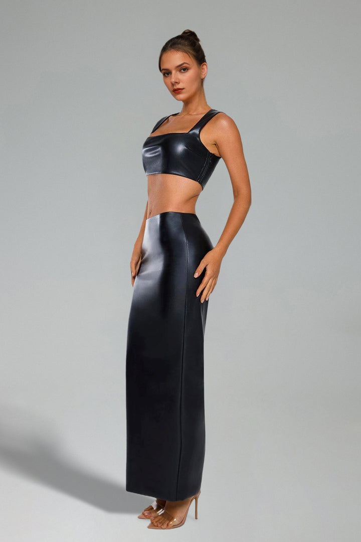 Lorena Sleeveless Slit Artificial Leather Maxi Tow-piece Set