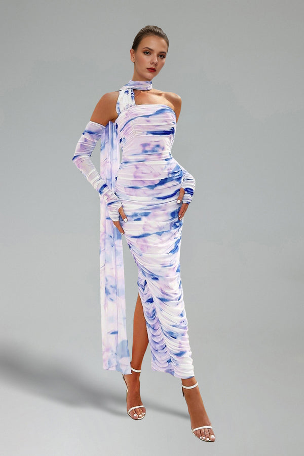 Islay Ruched Printed Mesh Midi Dress