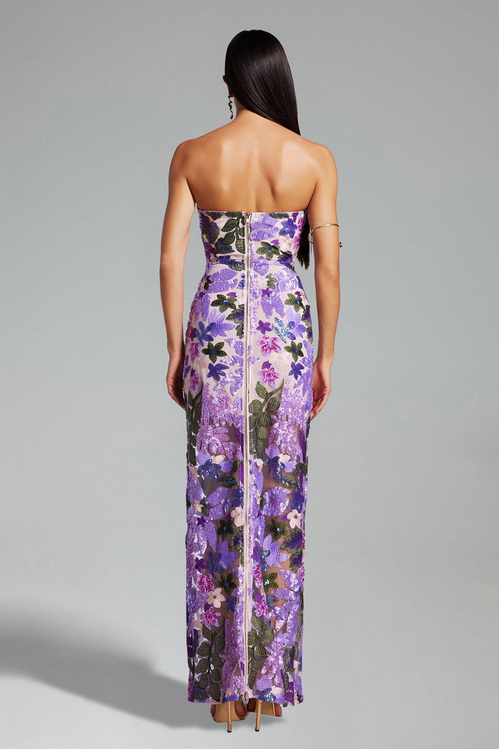 Eugenia Flower Sequins Strapless Mesh Dress - Purple