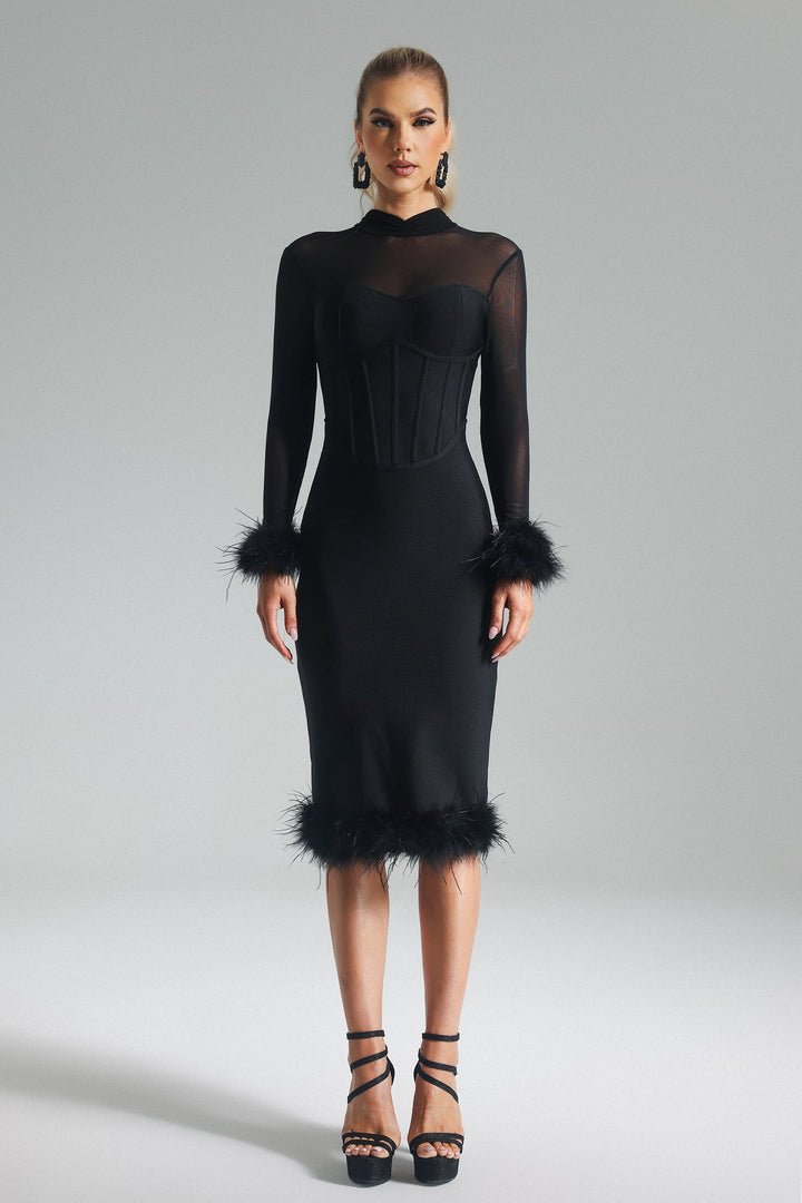 Blythe Feather Long Sleeve Midi Bandage Dress