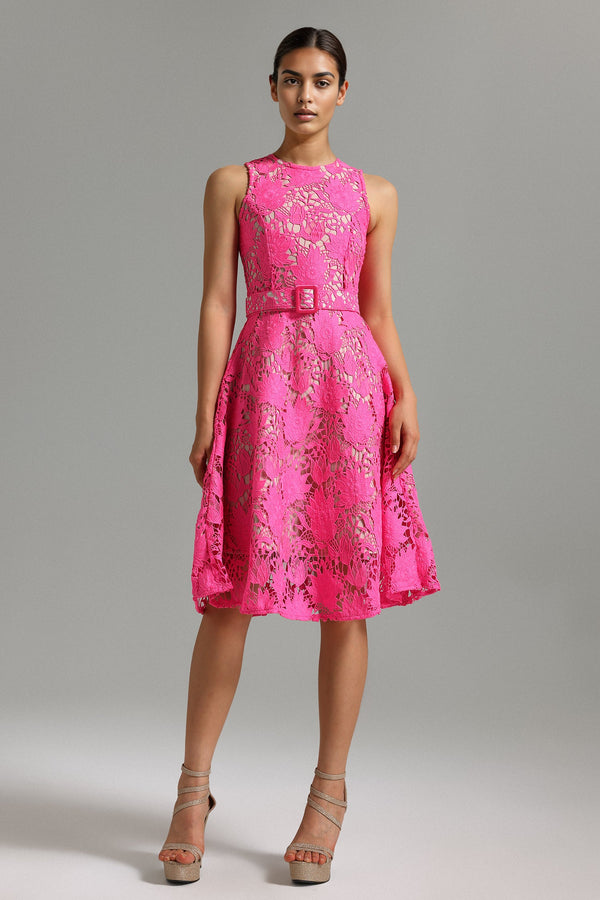 Derza Flower Lace Midi Dress - Pink