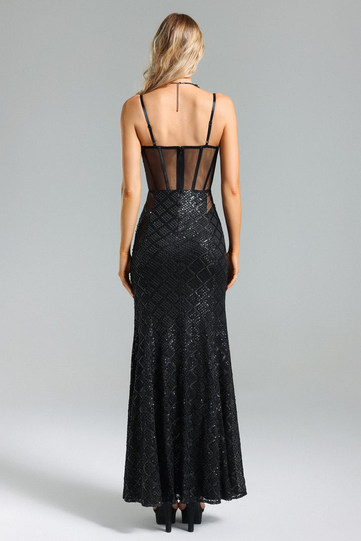 Fahrenheit Sequins Mesh Maxi Dress