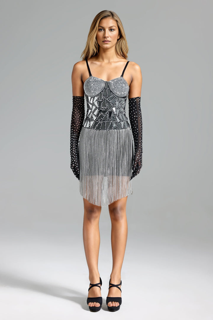 Falae Geometry Diamante Fringe Mini Dress