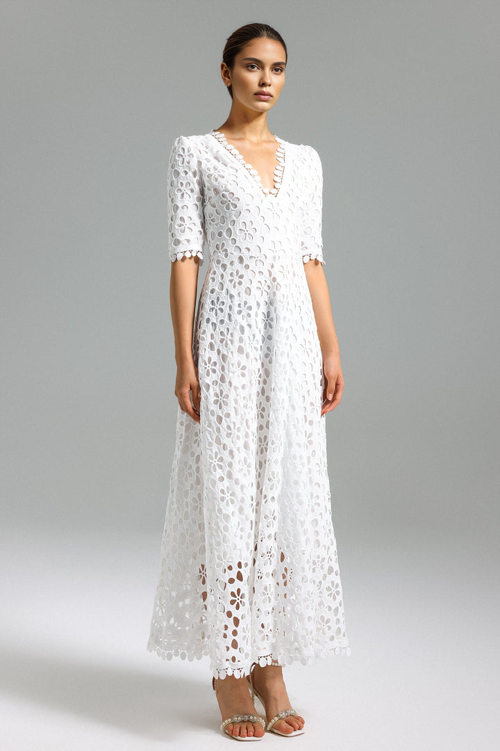 Glenora V-Neck Lace Maxi Dress - White