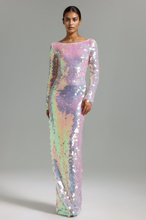 Ienee Long Sleeves Sequins Maxi Dress - Pink