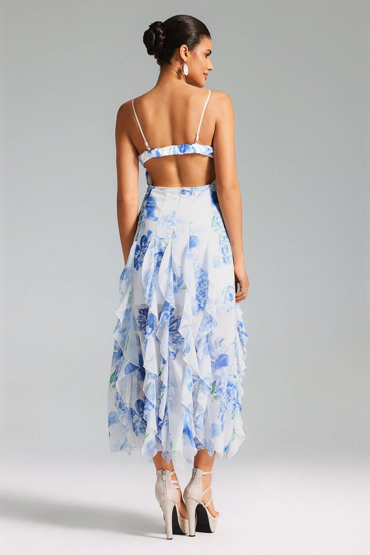 Kerlin Flower Print Ruffled Slit Dress