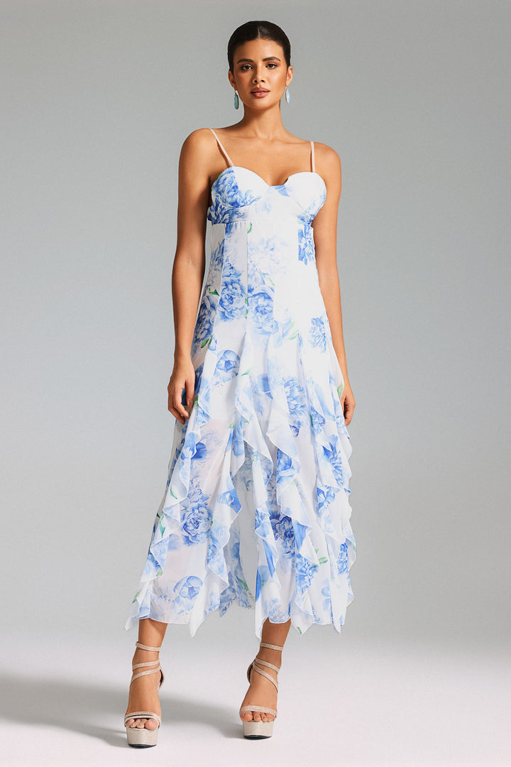 Kerlin Flower Print Ruffled Slit Dress