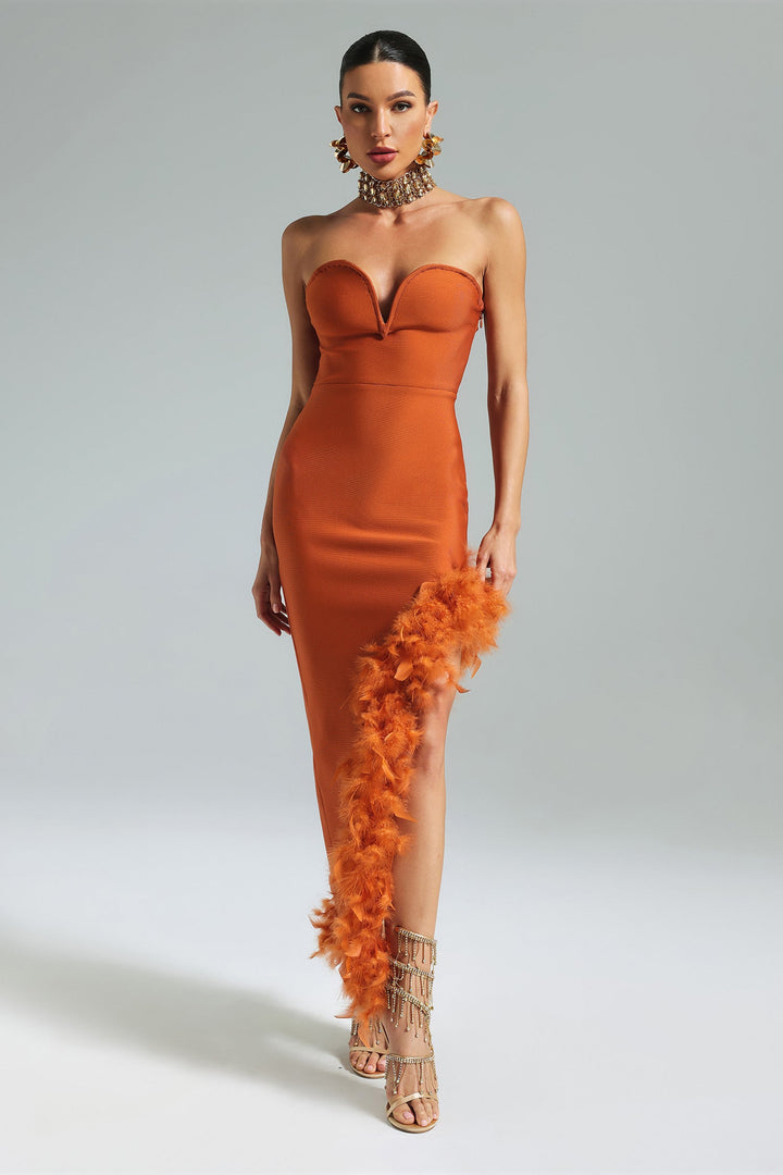 Manik Feather Skew Hem Bandage Dress