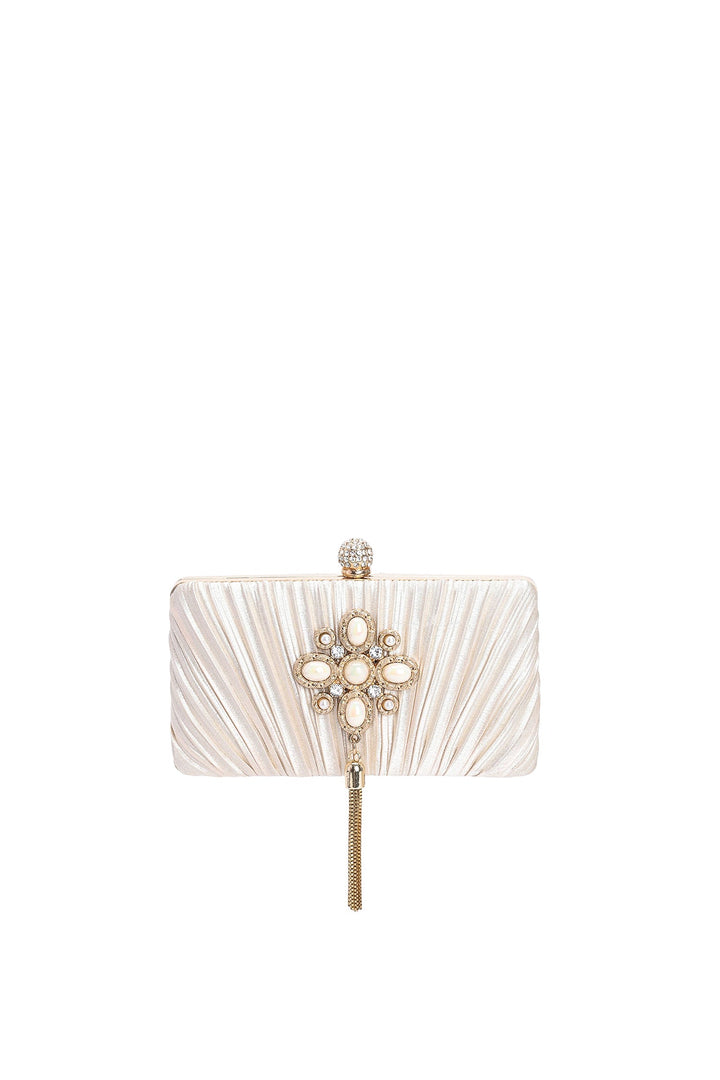 Nikki Pearls Fringe Pleated Clutch