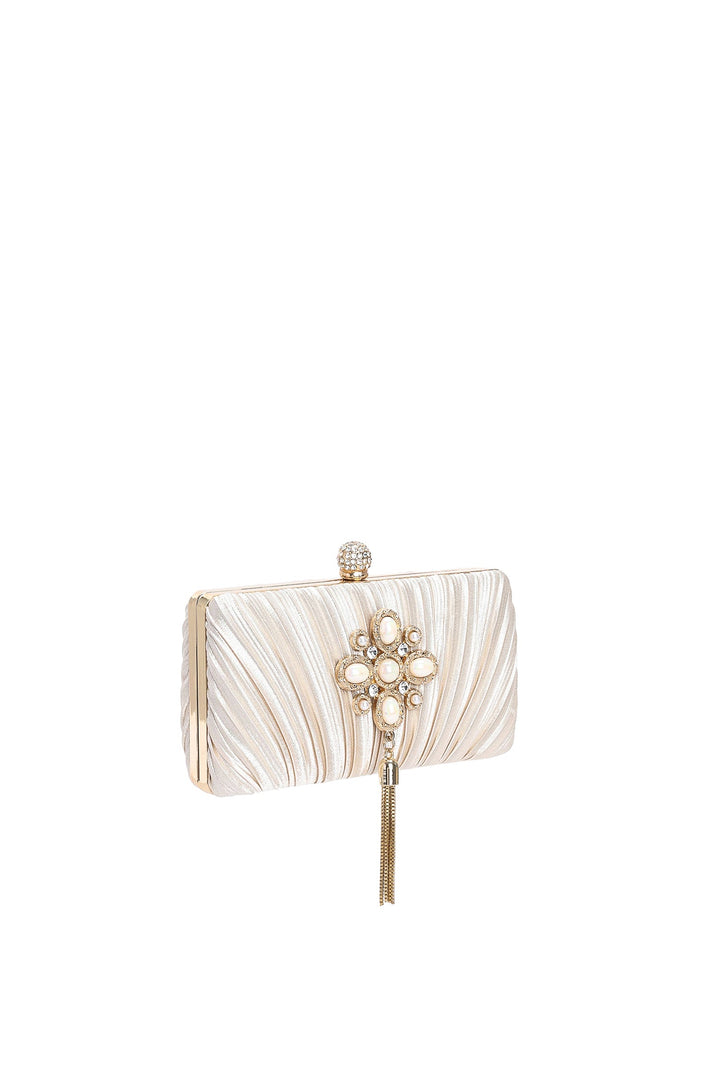 Nikki Pearls Fringe Pleated Clutch