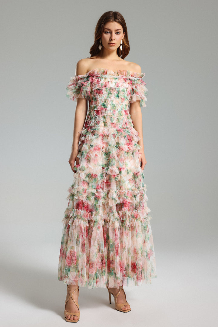 Qearl Floral Off Shoulder Pleated Maxi Dress