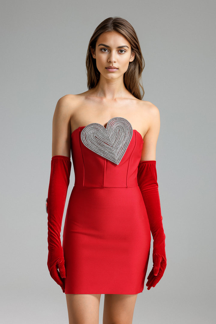 Ronja Diamante Heart Mini Dress - Red