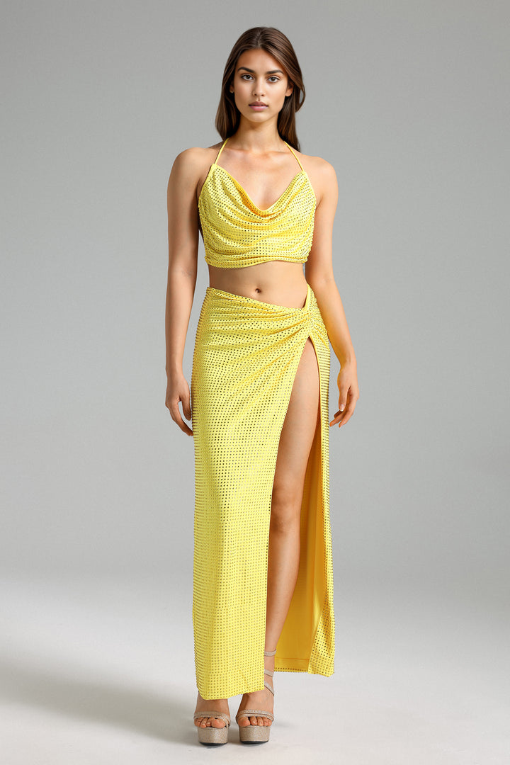 Solvia Halter Diamante Pleated Set - Yellow