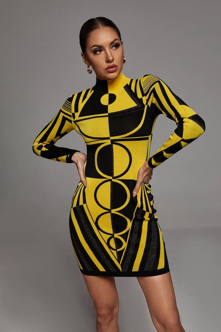 Ainslie Long Sleeve Bandage Dress - Yellow - Bellabarnett