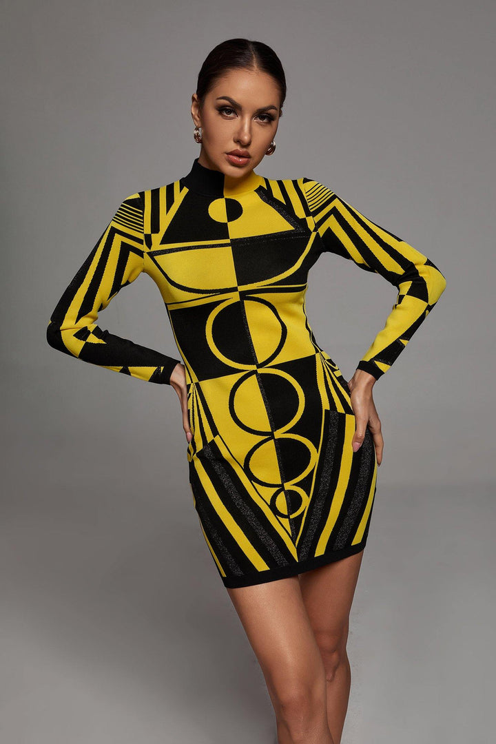 Ainslie Long Sleeve Bandage Dress - Yellow - Bellabarnett