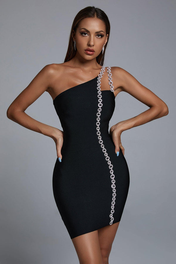 Mimia One Shoulder Chain Mini Bandage Dress - Bellabarnett