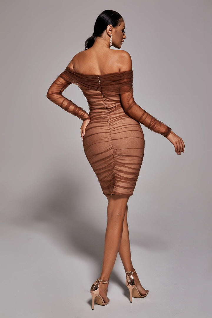 Rowena Ruched Mesh Bandage Midi Dress - Bellabarnett