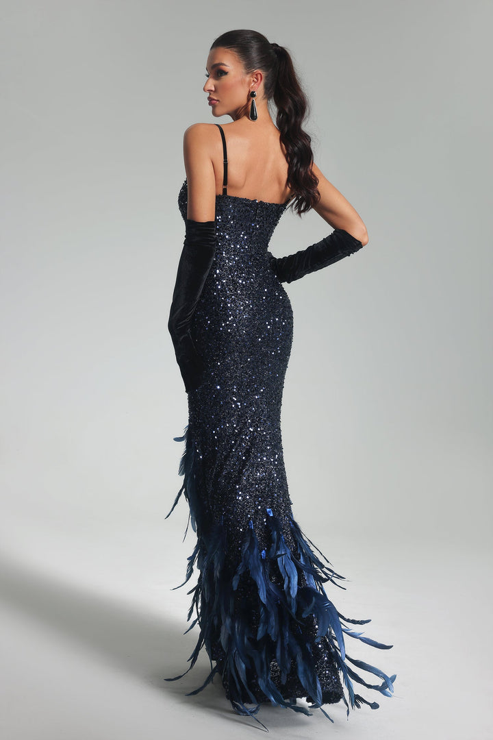 Sarah Sequin Feather Maxi Dress