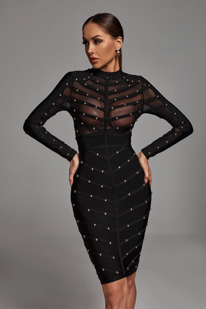 Winry Long Sleeve Mesh Bandage Dress - Black - Bellabarnett