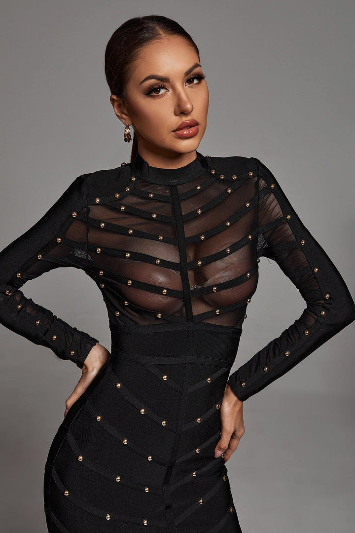 Winry Long Sleeve Mesh Bandage Dress - Black - Bellabarnett