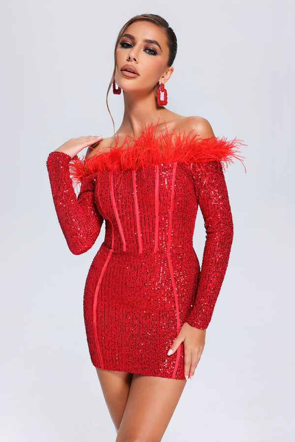Mini Vestido de Lentejuelas Wooh Feather - Rojo