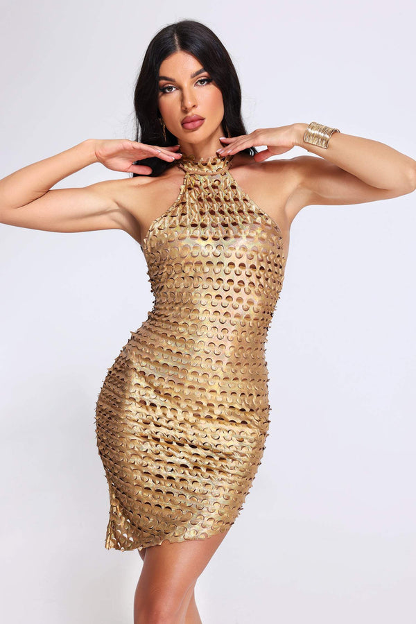 Taaliyah Mini Vestido Cuello Haltern - Dorado