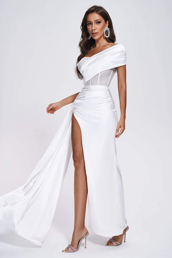 Colia Maxi Vestido Satinado de Diamantes - Blanco