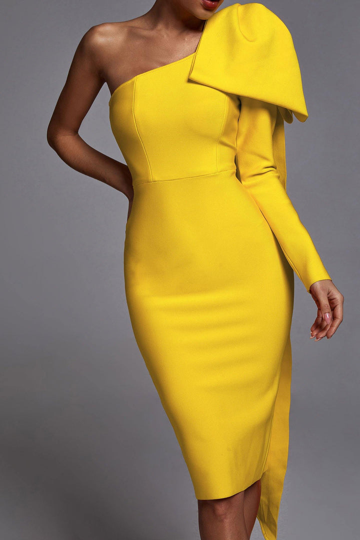 Abbey Yellow One Shoulder Bandage Dress - Bellabarnett