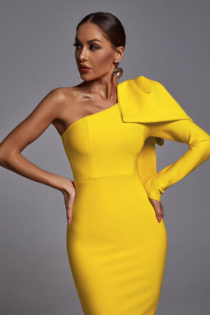 Abbey Yellow One Shoulder Bandage Dress - Bellabarnett