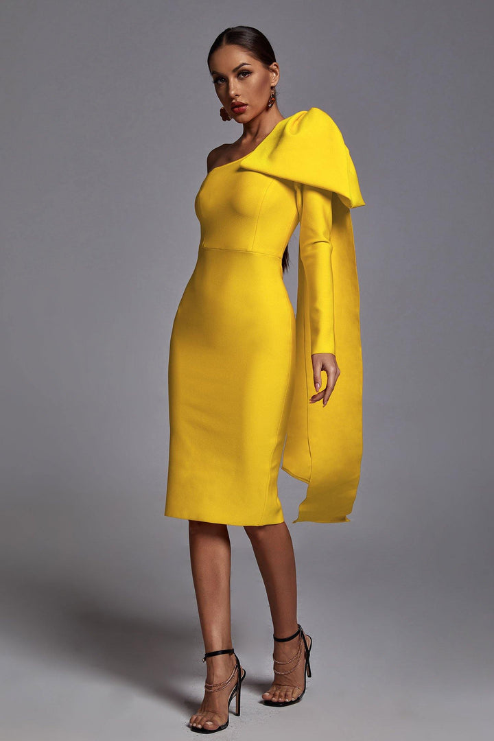 Abbey Yellow One Shoulder Bandage Dress - Bellabarnett