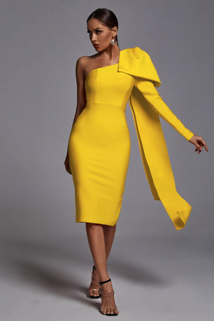 Abbey Yellow One Shoulder Bandage Dress - Bellabarnett