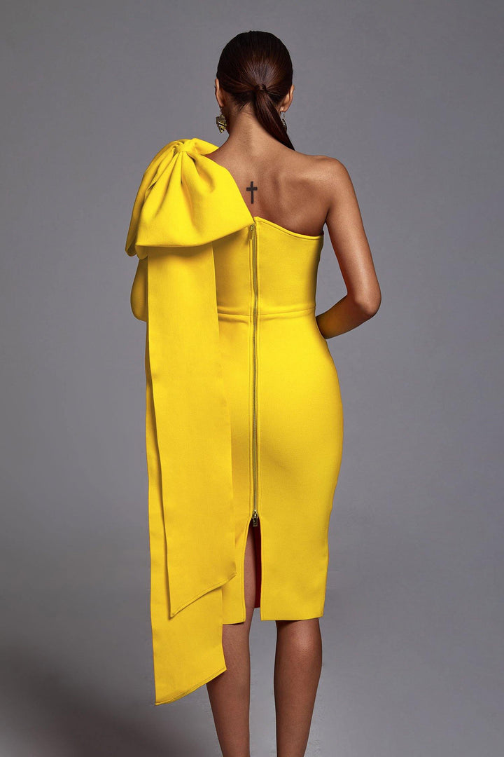 Abbey Yellow One Shoulder Bandage Dress - Bellabarnett